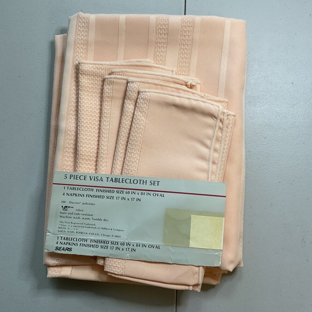 NEW 60 x 84 OVAL Tablecloth & 4 Napkins PEACH Visa by Milliken Spring Summer